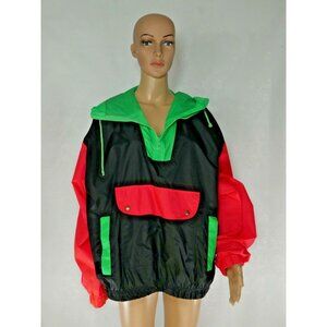 Vintage 80's Badge Mens Large Black Neon Green Red Nylon Windbreaker Anorak ***